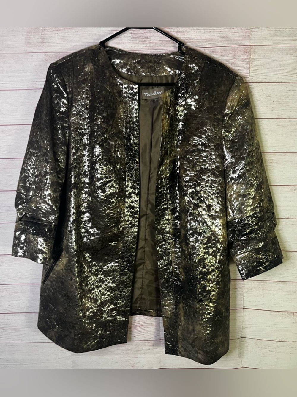 TanJay Brown Gold Shimmer Metallic Open Front Blazer Jacket Size 18W